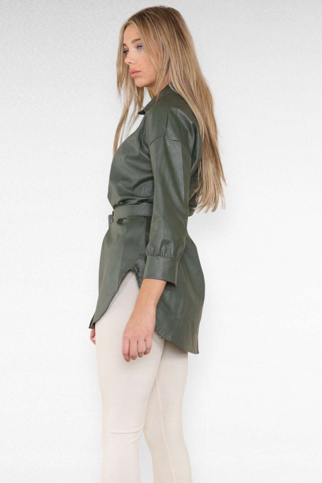 Ladies Wet Look Faux Leather Shirt Dress - Belted PU Design