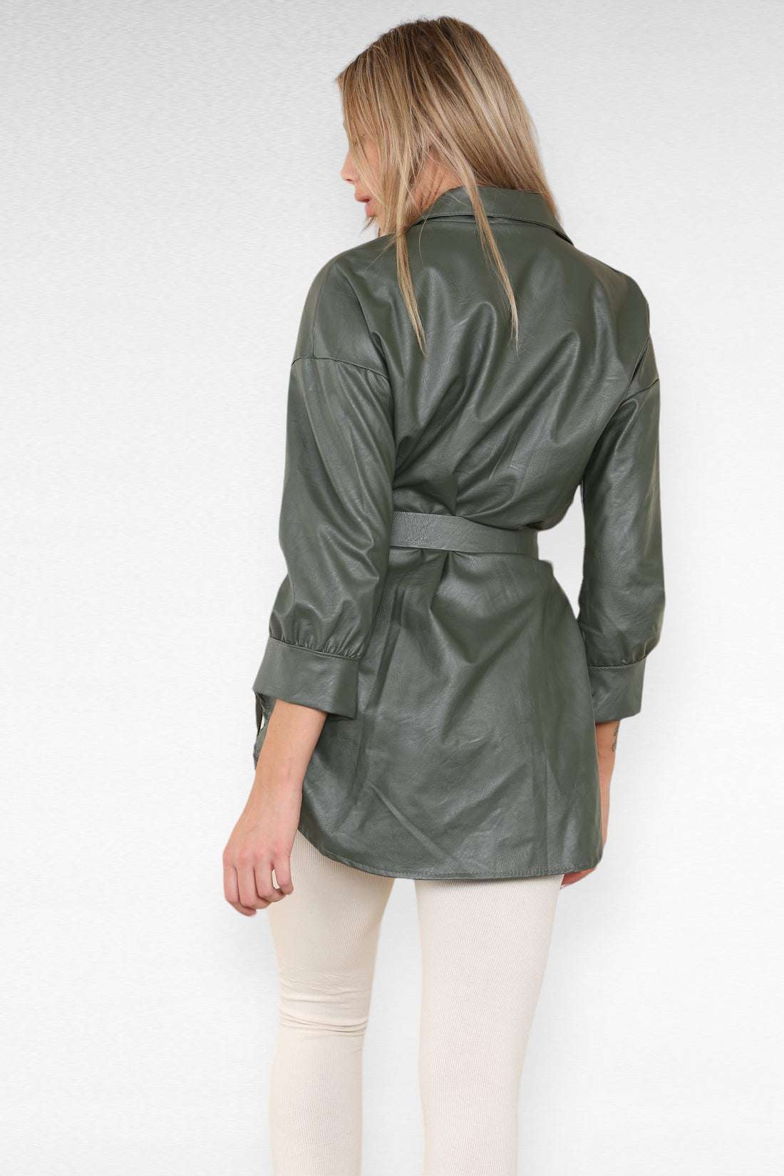 Ladies Wet Look Faux Leather Shirt Dress - Belted PU Design