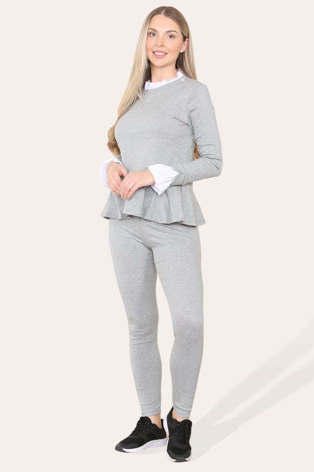 Ladies Peplum Frill Neck Loungewear Set - Pleated Two Piece Suit
