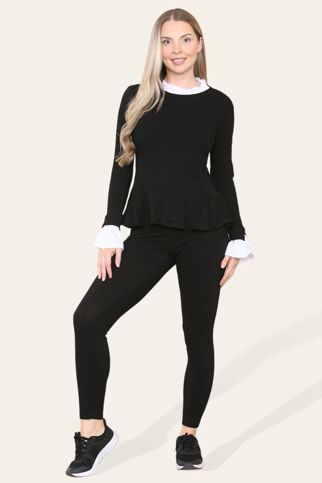 Ladies Peplum Frill Neck Loungewear Set - Pleated Two Piece Suit