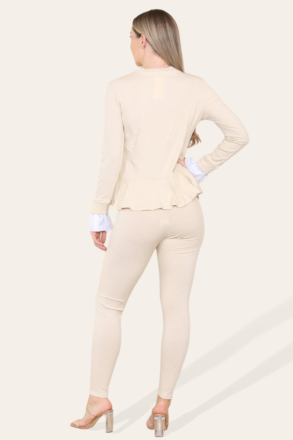 Ladies Peplum Frill Neck Loungewear Set - Pleated Two Piece Suit