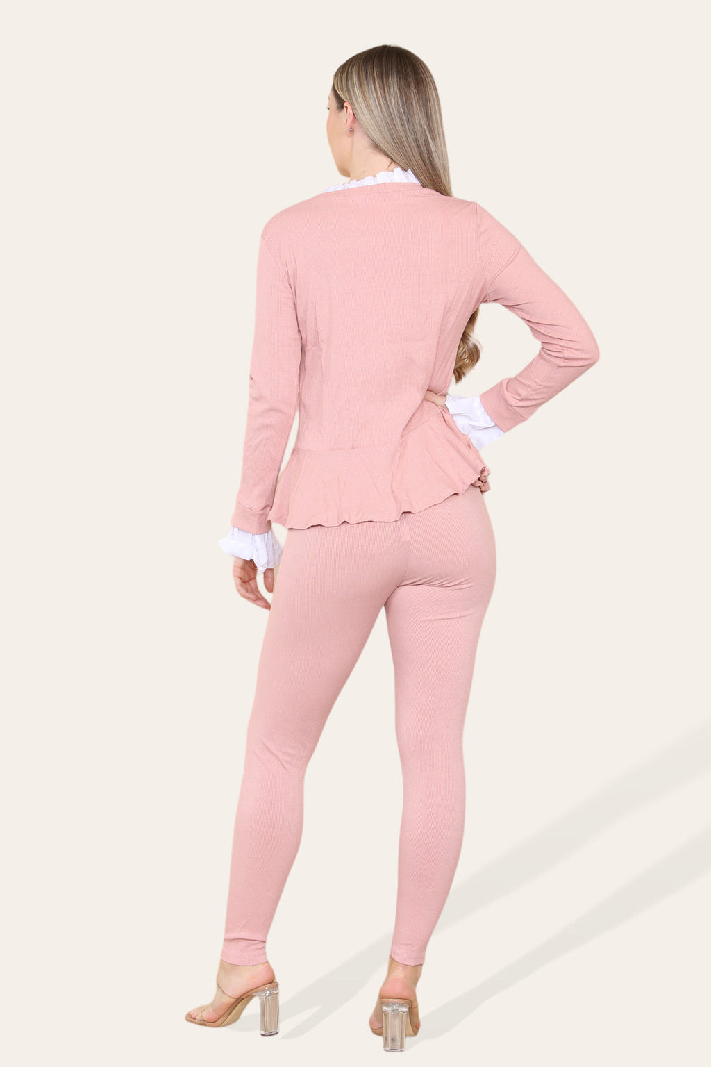 Ladies Peplum Frill Neck Loungewear Set - Pleated Two Piece Suit
