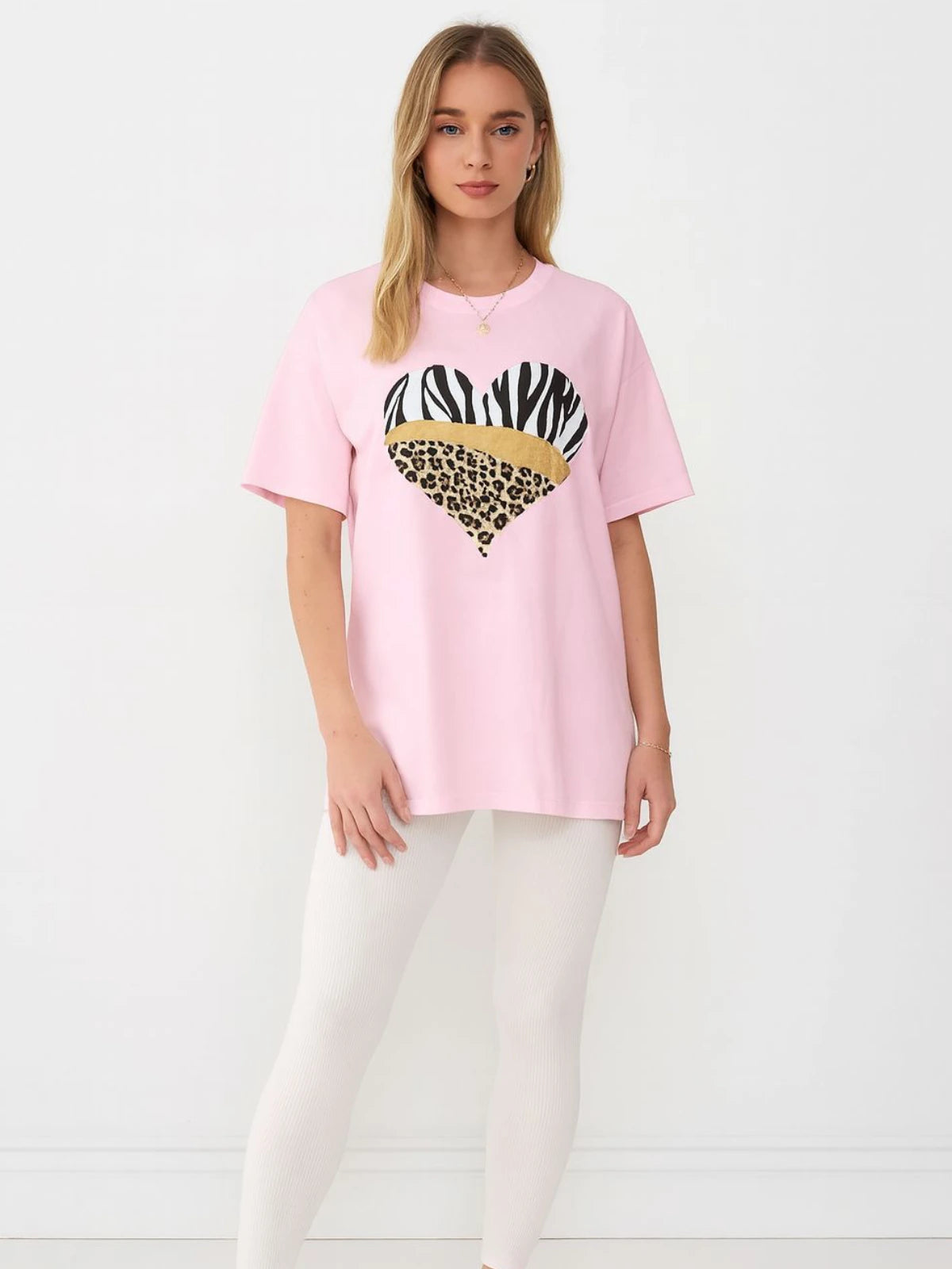 Ladies Oversized Animal Print Heart T-Shirt - Tiger Leopard Graphic