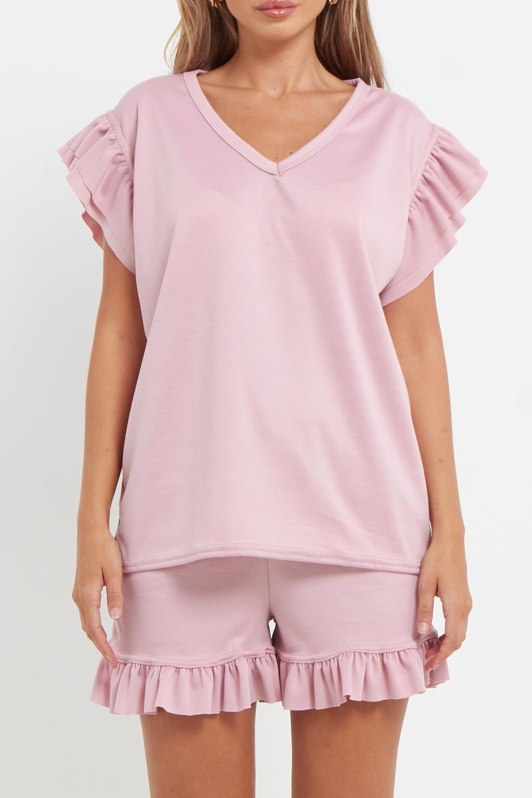 Ladies V Neck Frill Peplum Sleeve Top & Short 2-Piece Tracksuit Set