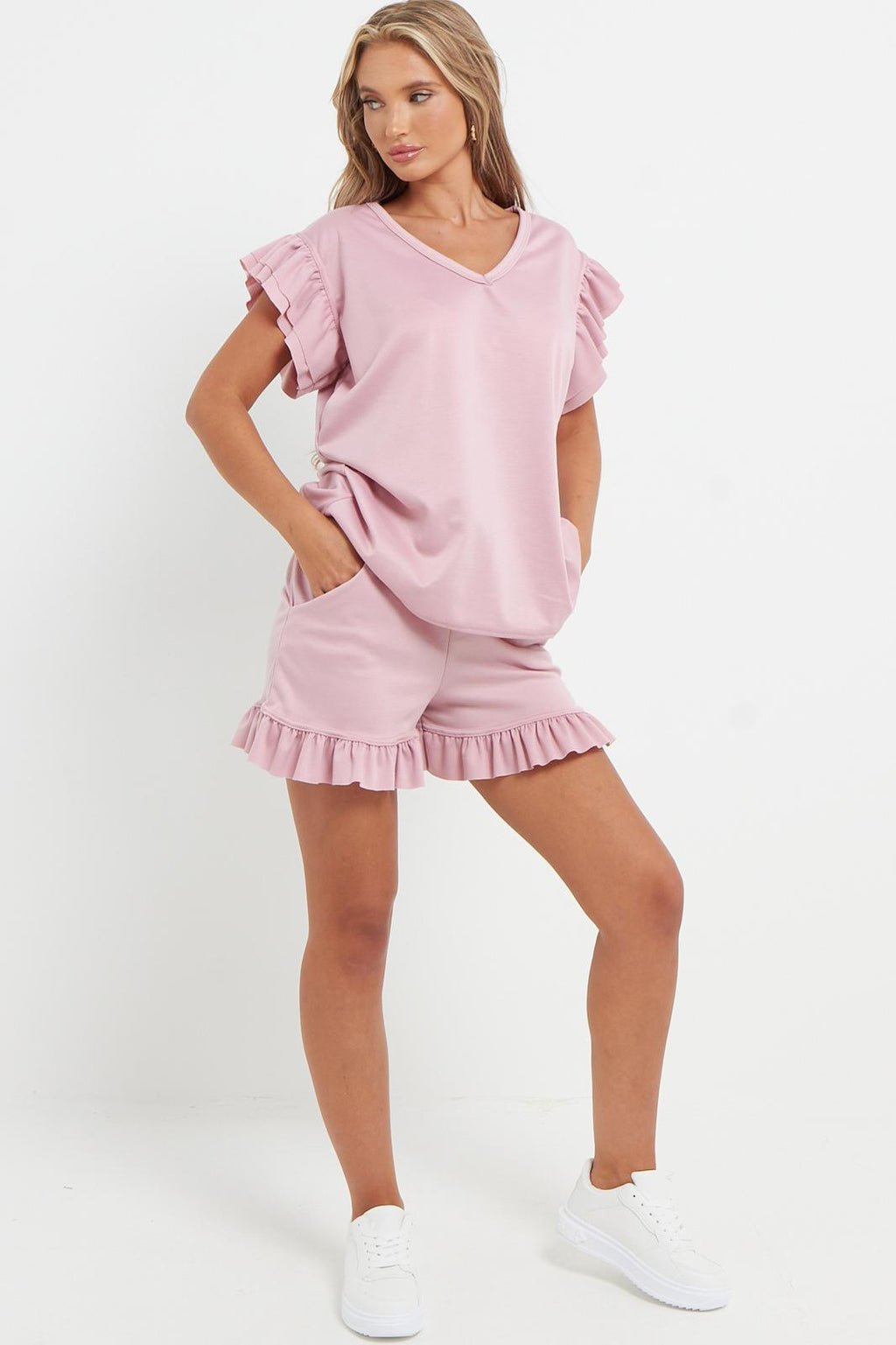 Ladies V Neck Frill Peplum Sleeve Top & Short 2-Piece Tracksuit Set