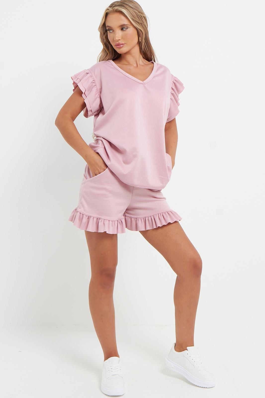 Ladies V Neck Frill Peplum Sleeve Top & Short 2-Piece Tracksuit Set