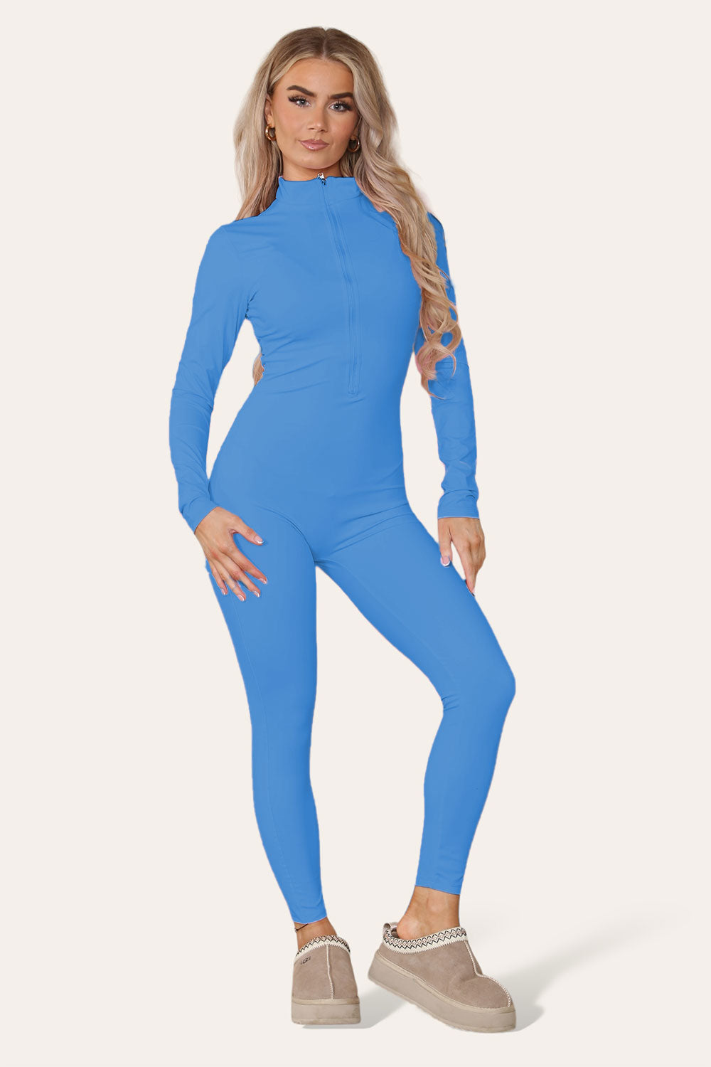 Ladies Ribbed High Neck Jumpsuit - Zipper Collar Unitard Set
