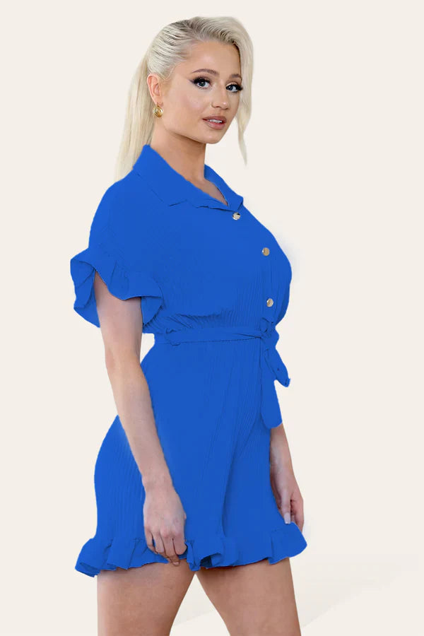 Ladies Pleated Ruffle Playsuit - Short Sleeve with Frill Hems