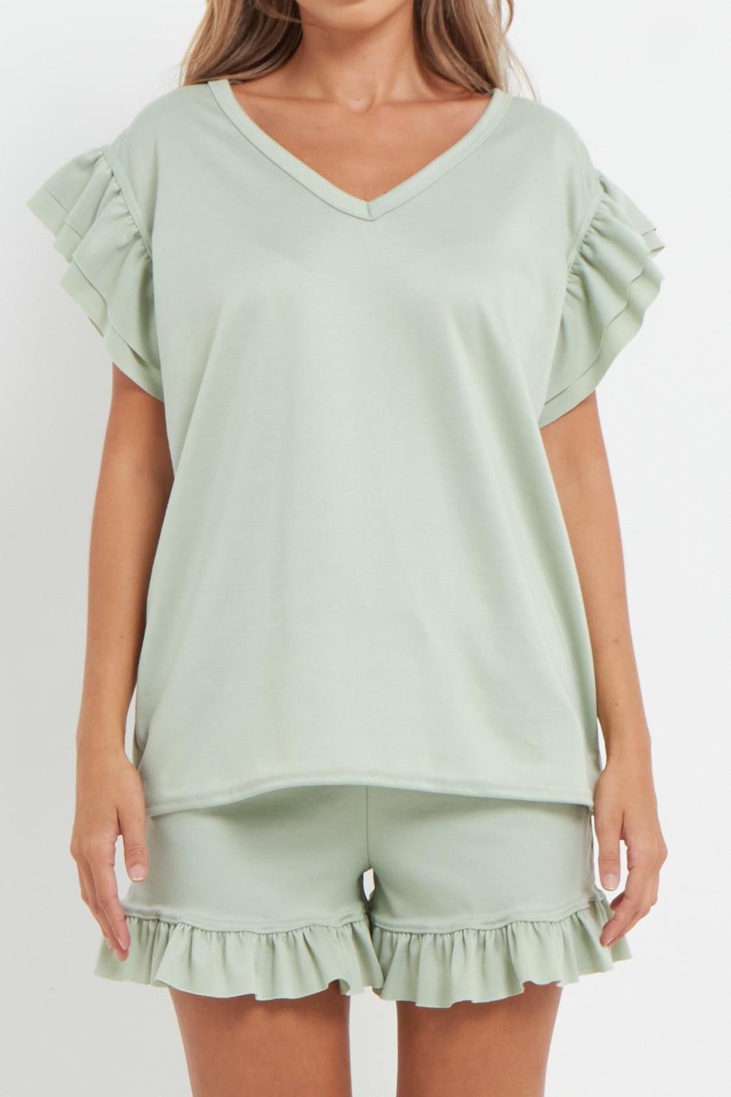 Ladies V Neck Frill Peplum Sleeve Top & Short 2-Piece Tracksuit Set