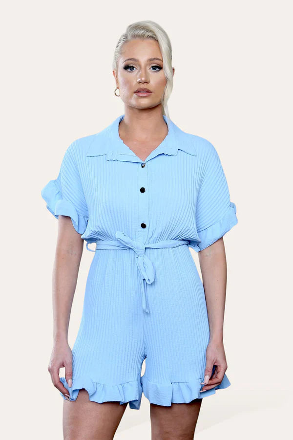 Ladies Pleated Ruffle Playsuit - Short Sleeve with Frill Hems