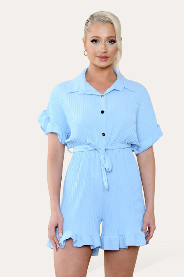 Ladies Pleated Ruffle Playsuit - Short Sleeve with Frill Hems