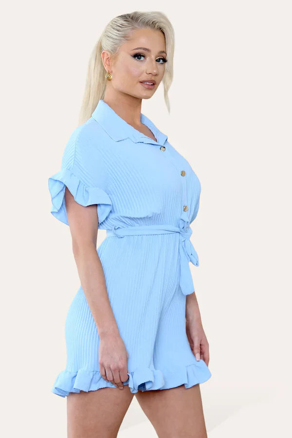 Ladies Pleated Ruffle Playsuit - Short Sleeve with Frill Hems