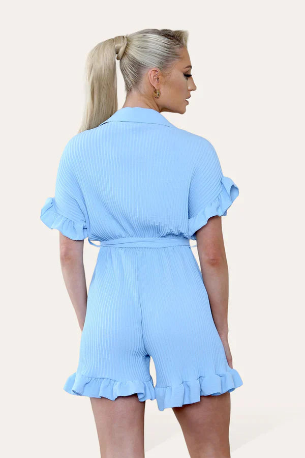 Ladies Pleated Ruffle Playsuit - Short Sleeve with Frill Hems