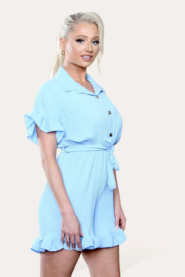 Ladies Pleated Ruffle Playsuit - Short Sleeve with Frill Hems