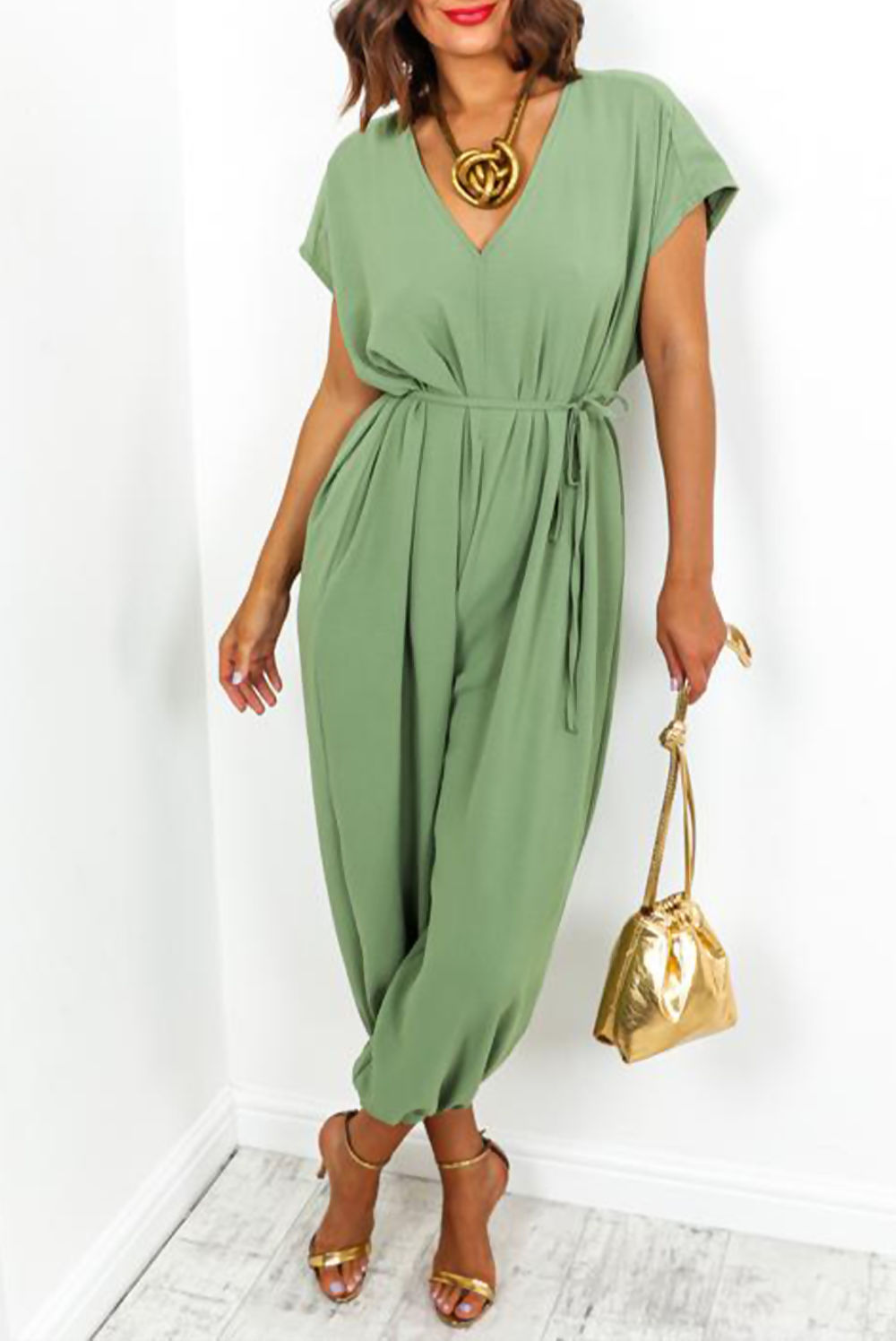 Ladies V Neck Tie Up Jumpsuit - Flattering Lightweight Design