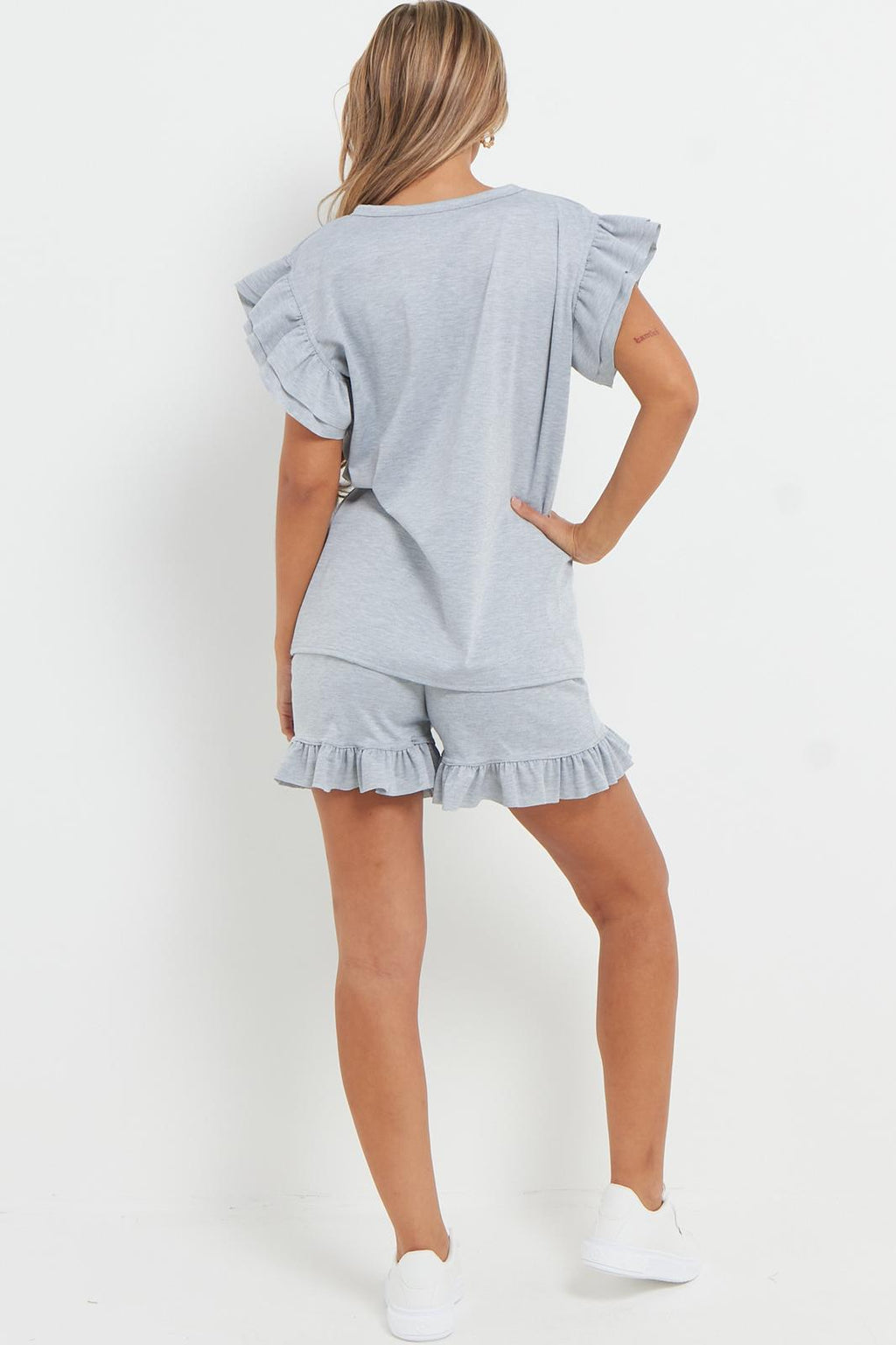 Ladies V Neck Frill Peplum Sleeve Top & Short 2-Piece Tracksuit Set