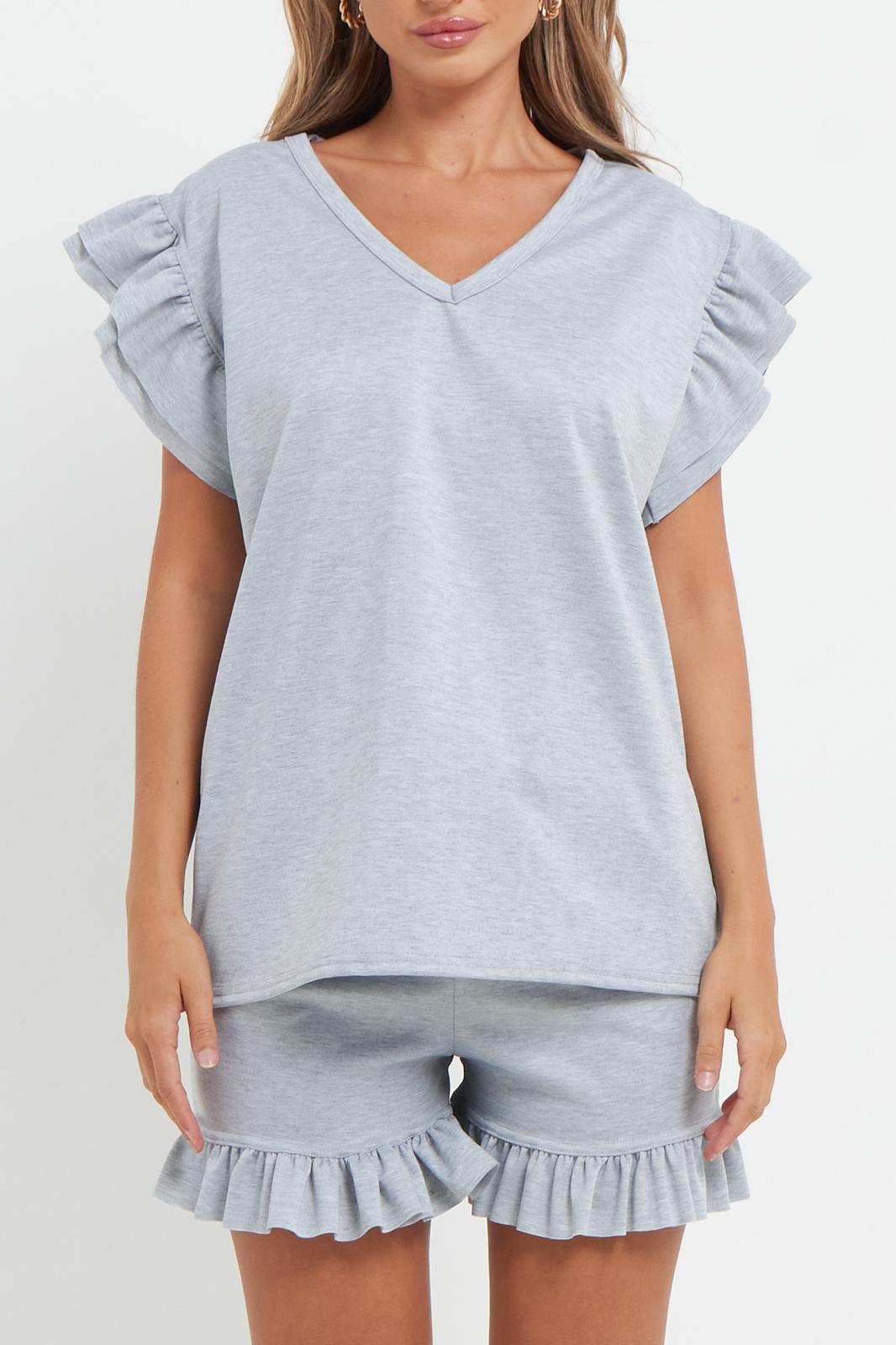 Ladies V Neck Frill Peplum Sleeve Top & Short 2-Piece Tracksuit Set