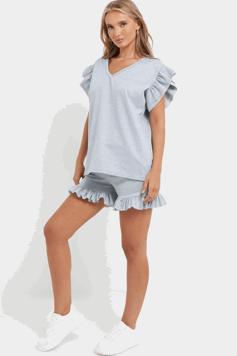 Ladies V Neck Frill Peplum Sleeve Top & Short 2-Piece Tracksuit Set
