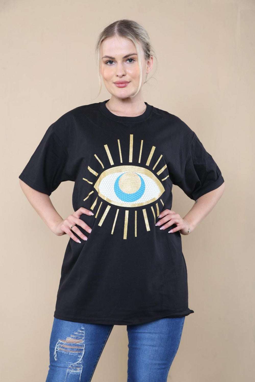 Ladies Oversized Sequin Eye T-Shirt - Statement Graphic Tee