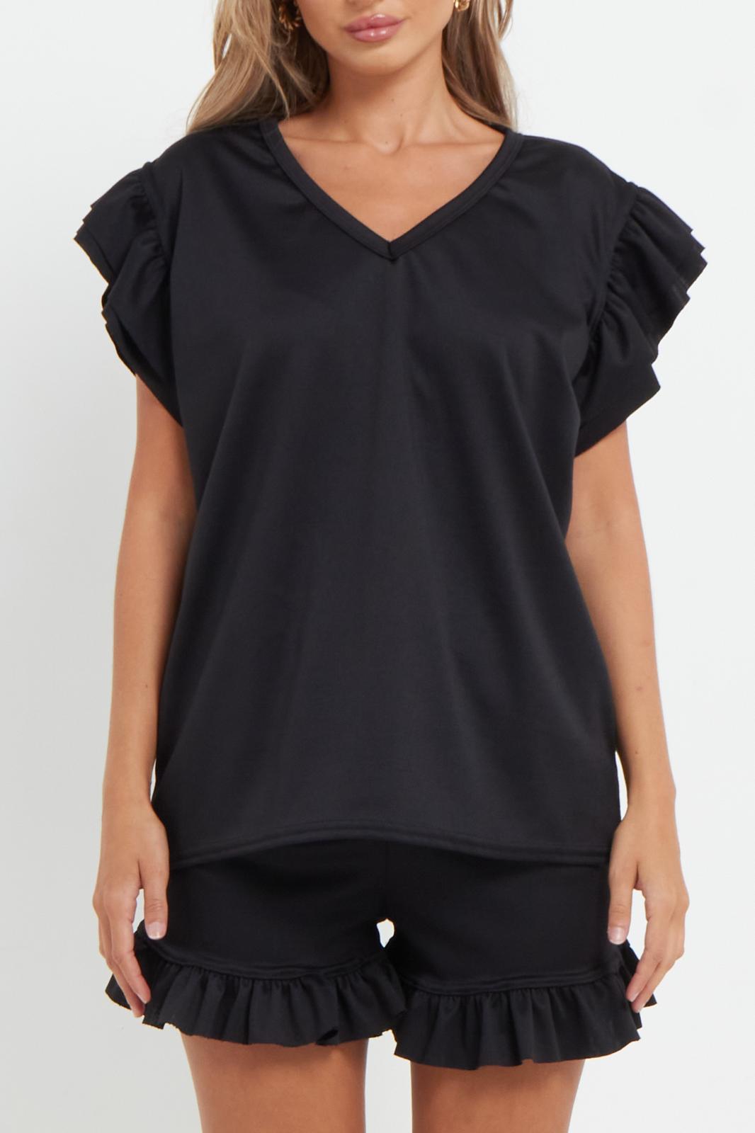 Ladies V Neck Frill Peplum Sleeve Top & Short 2-Piece Tracksuit Set