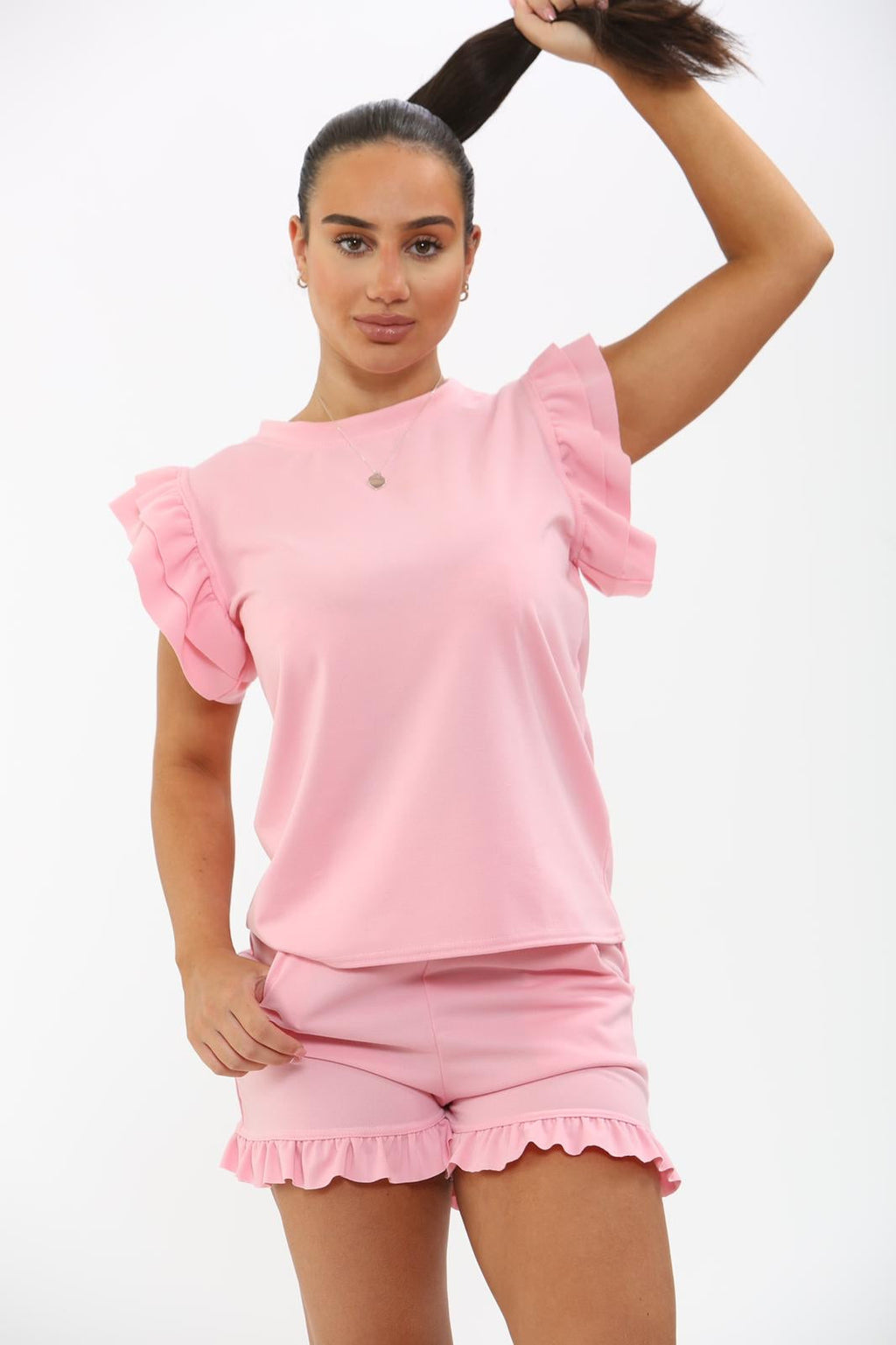 Ladies Frill Peplum Sleeve Top & Short 2-Piece Tracksuit Set