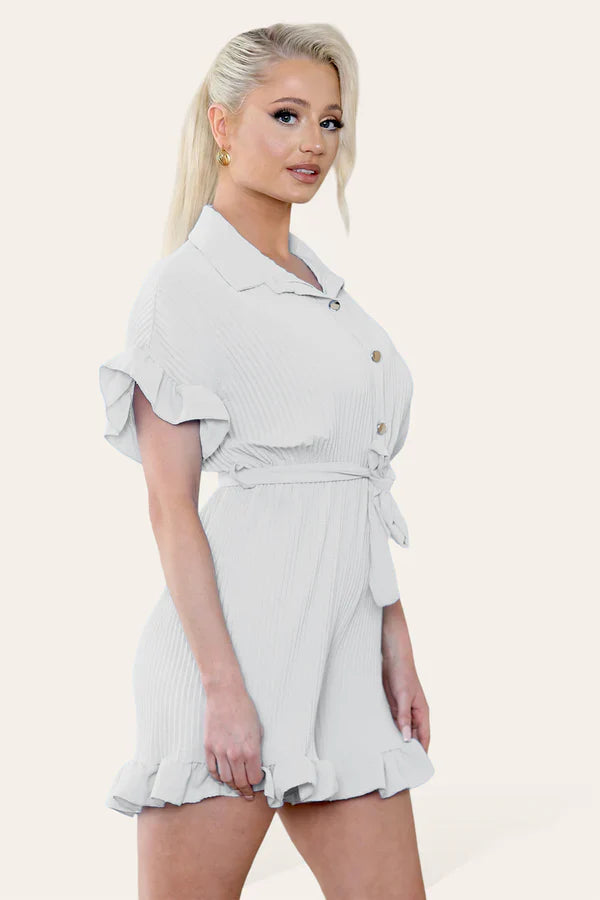 Ladies Pleated Ruffle Playsuit - Short Sleeve with Frill Hems