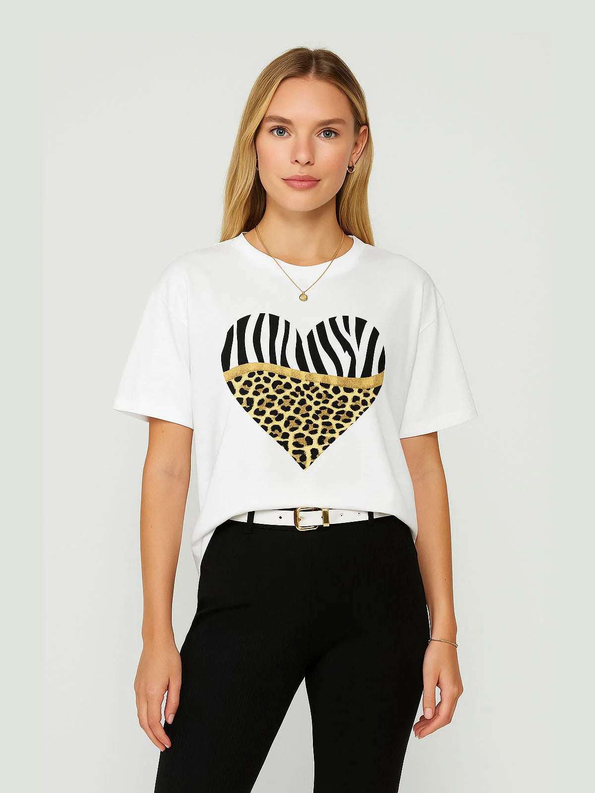 Ladies Oversized Animal Print Heart T-Shirt - Tiger Leopard Graphic