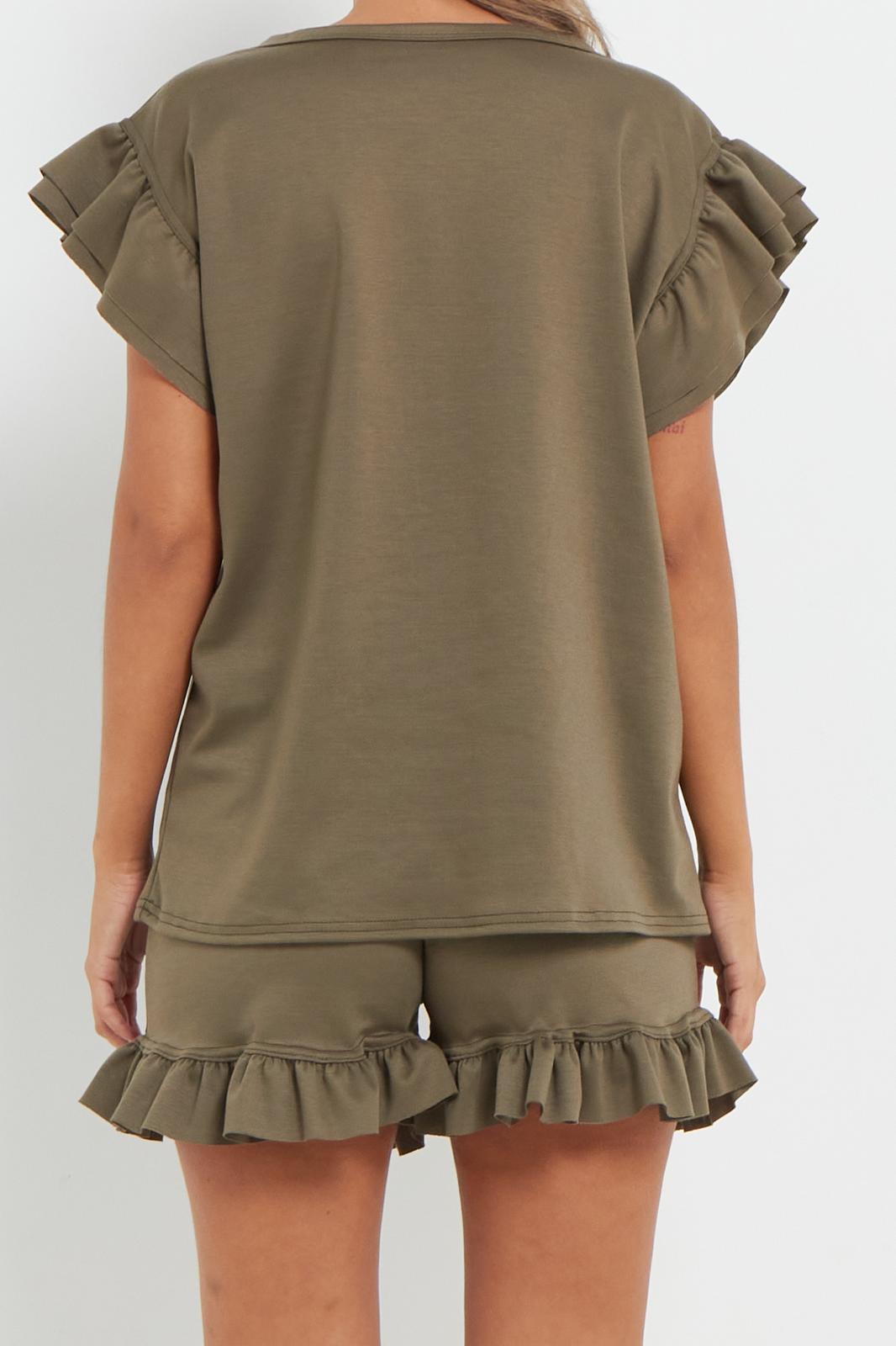 Ladies V Neck Frill Peplum Sleeve Top & Short 2-Piece Tracksuit Set