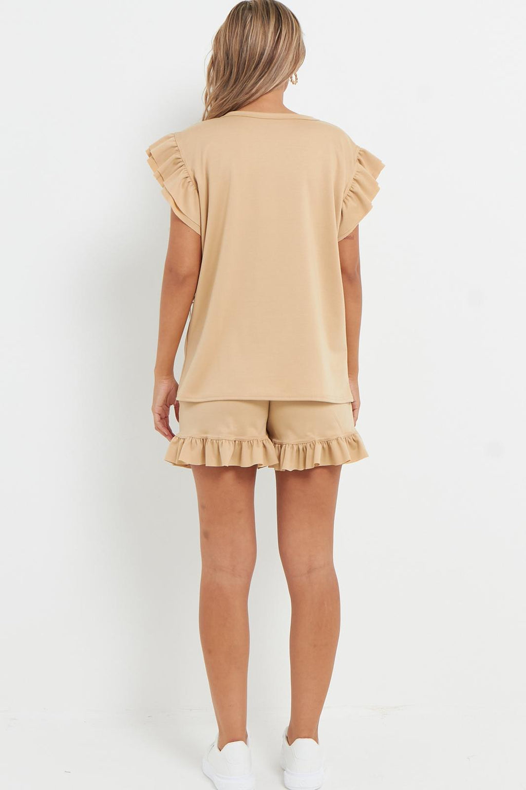 Ladies V Neck Frill Peplum Sleeve Top & Short 2-Piece Tracksuit Set