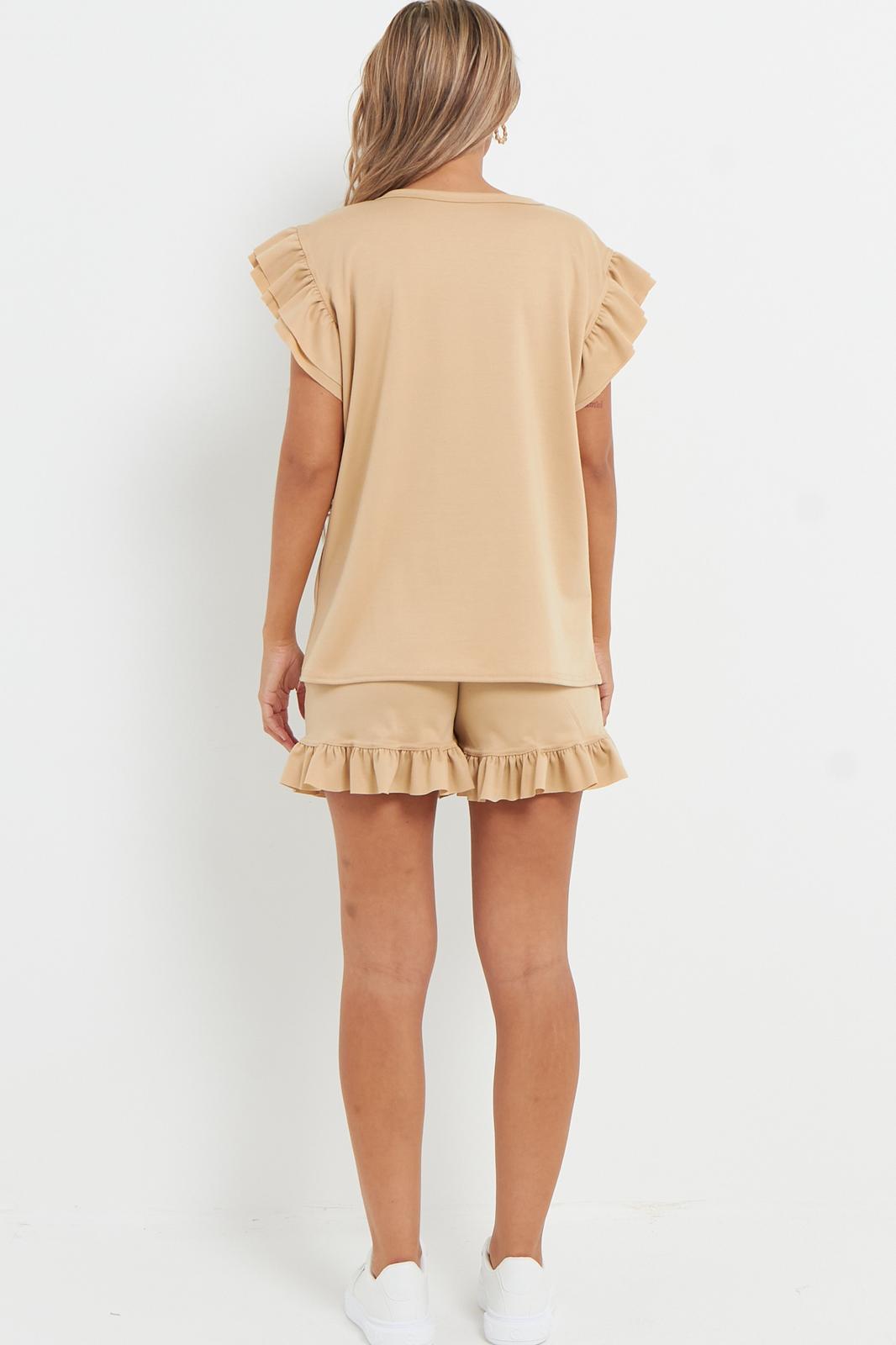 Ladies V Neck Frill Peplum Sleeve Top & Short 2-Piece Tracksuit Set