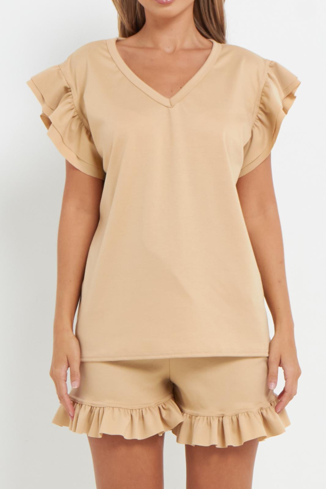 Ladies V Neck Frill Peplum Sleeve Top & Short 2-Piece Tracksuit Set