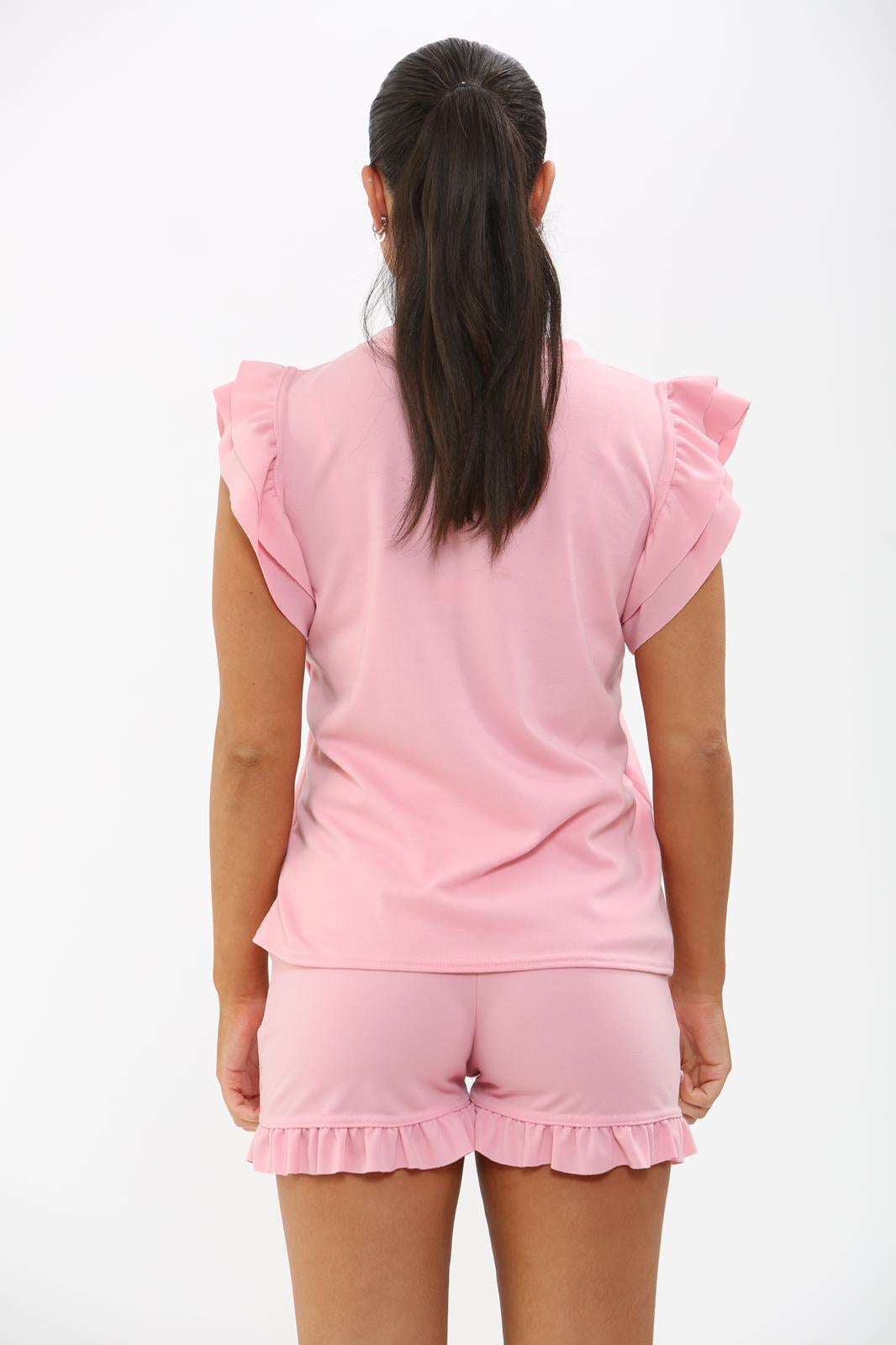 Ladies Frill Peplum Sleeve Top & Short 2-Piece Tracksuit Set