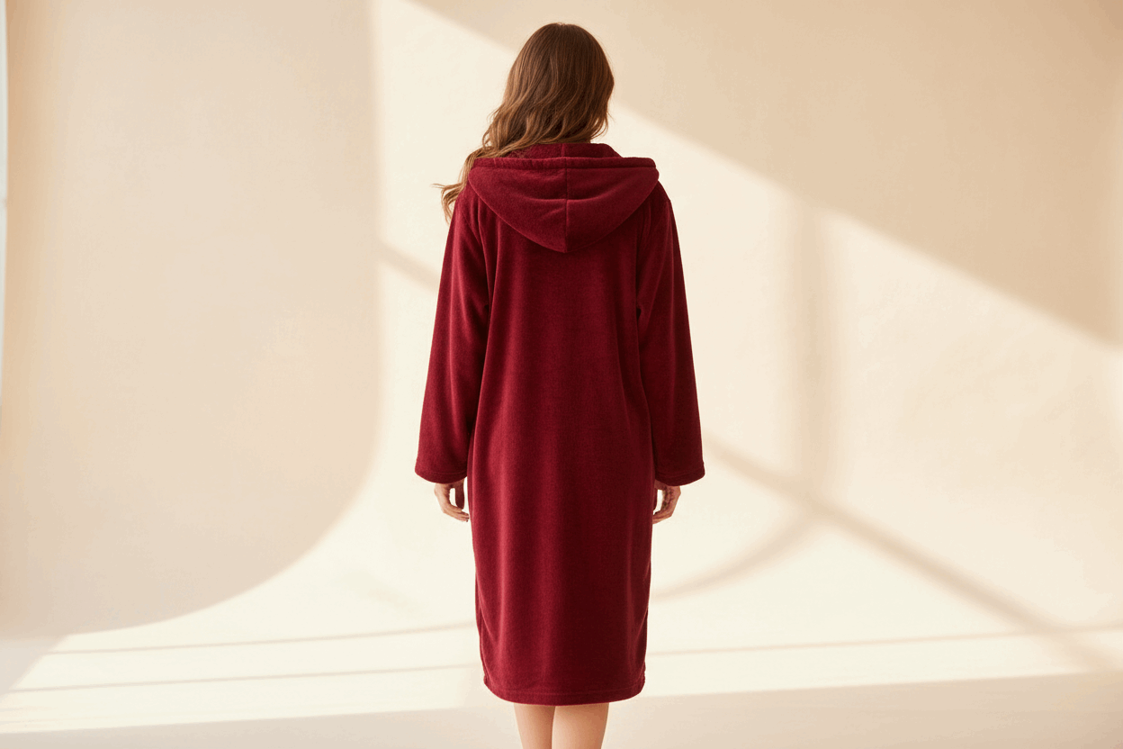 Back view of woman wearing burgundy fleece bathrobe in studio