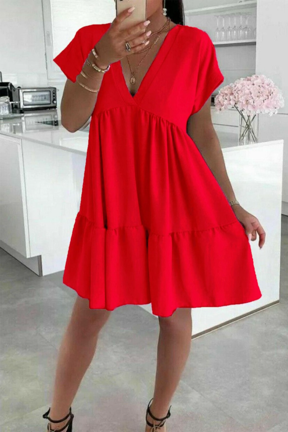 Ladies Italian V Neck Smock Dress - Long Sleeve European Design