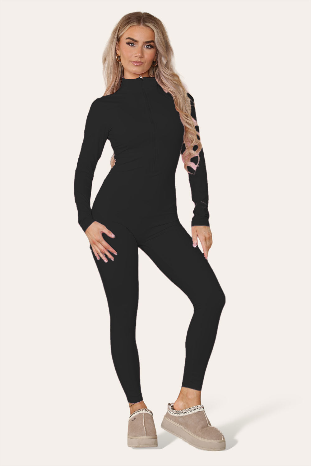 Ladies Ribbed High Neck Jumpsuit - Zipper Collar Unitard Set