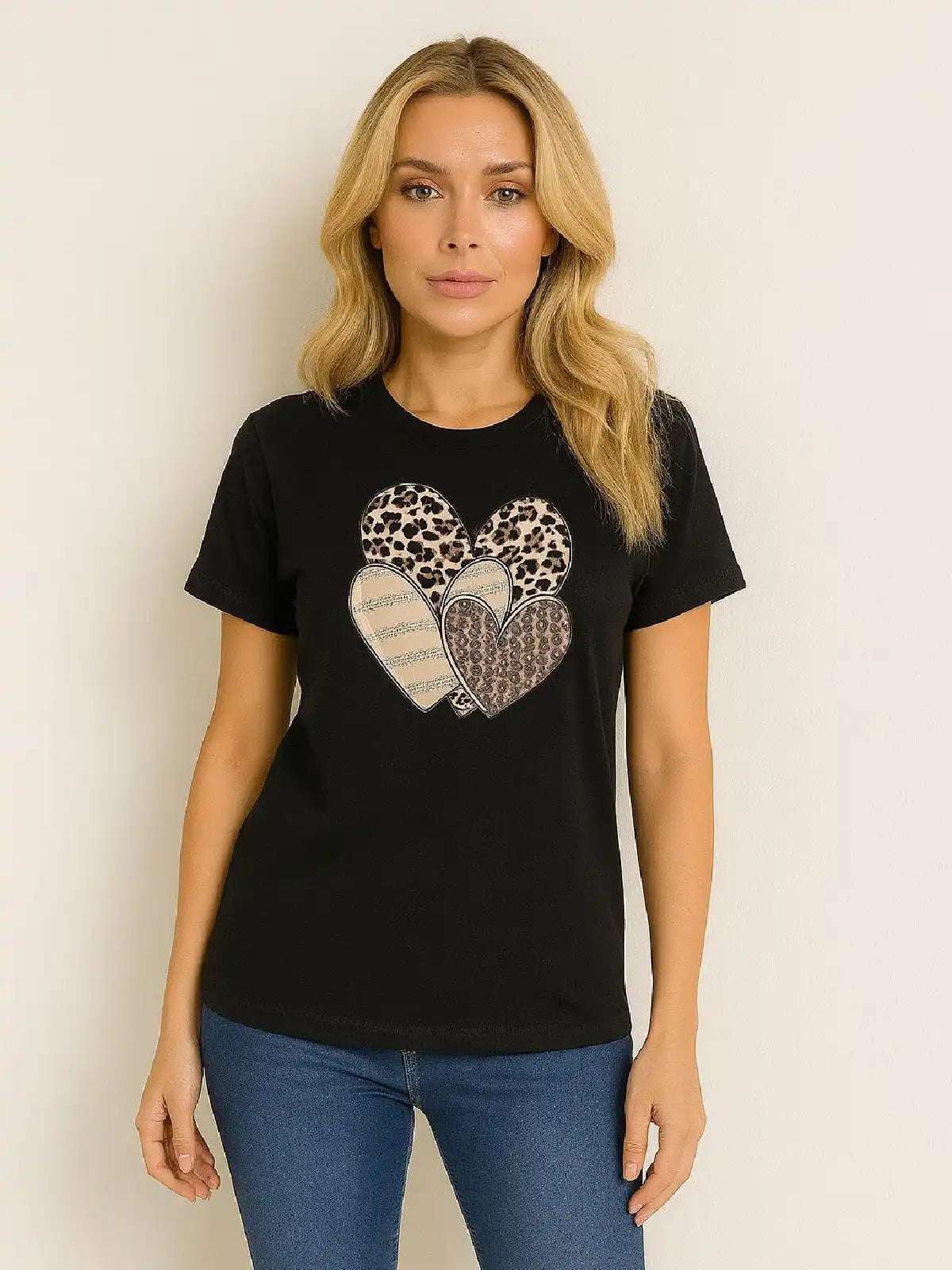 Leopard Print Multi Hearts Graphic T-Shirt - Women's Fashion Tee