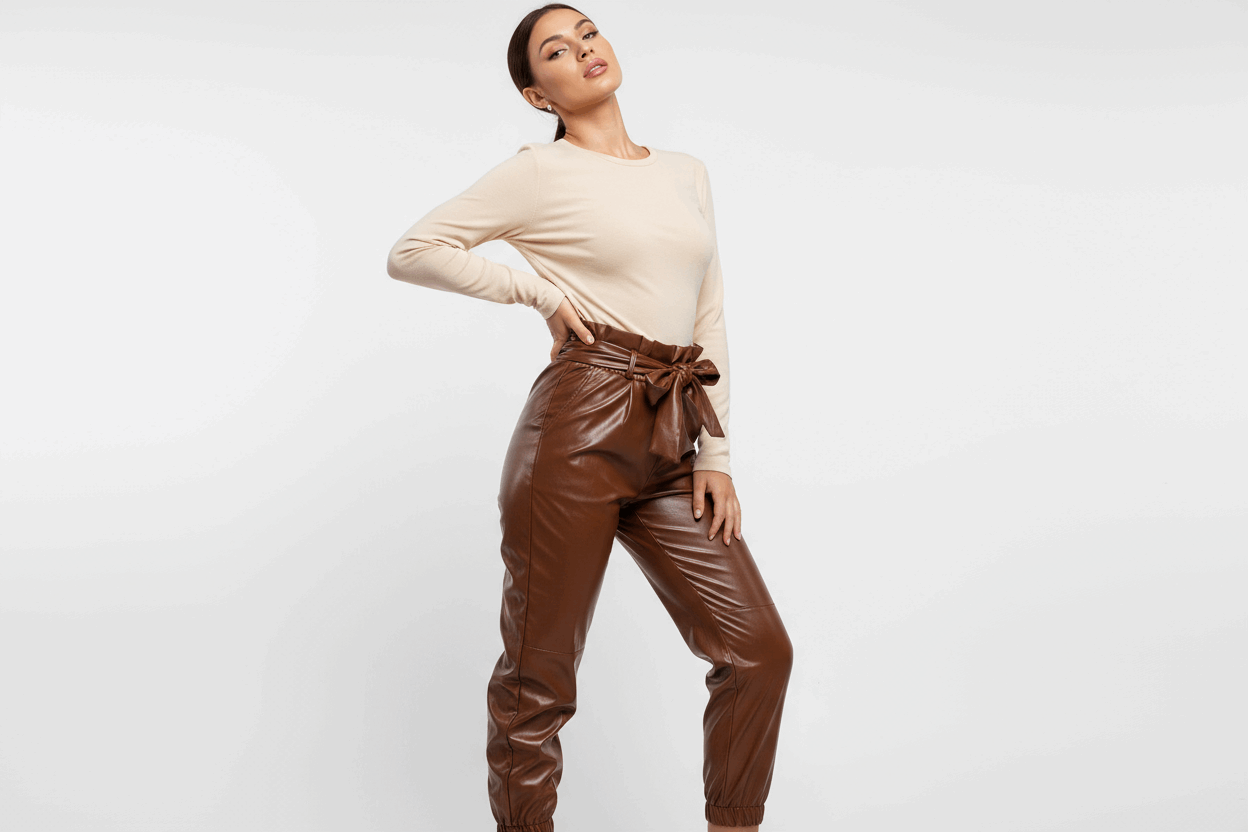 Brown Wet Look Joggers