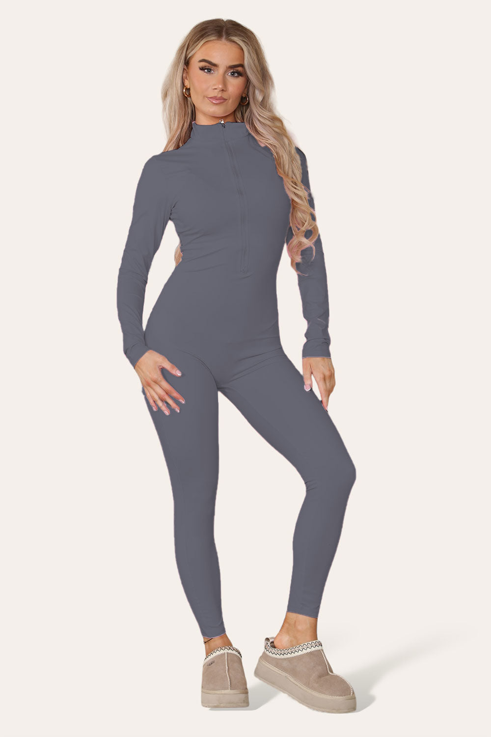 Ladies Ribbed High Neck Jumpsuit - Zipper Collar Unitard Set