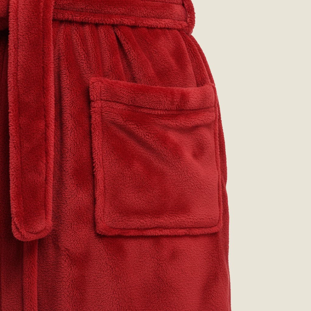 Close-up detail of bathrobe pockets and fabric