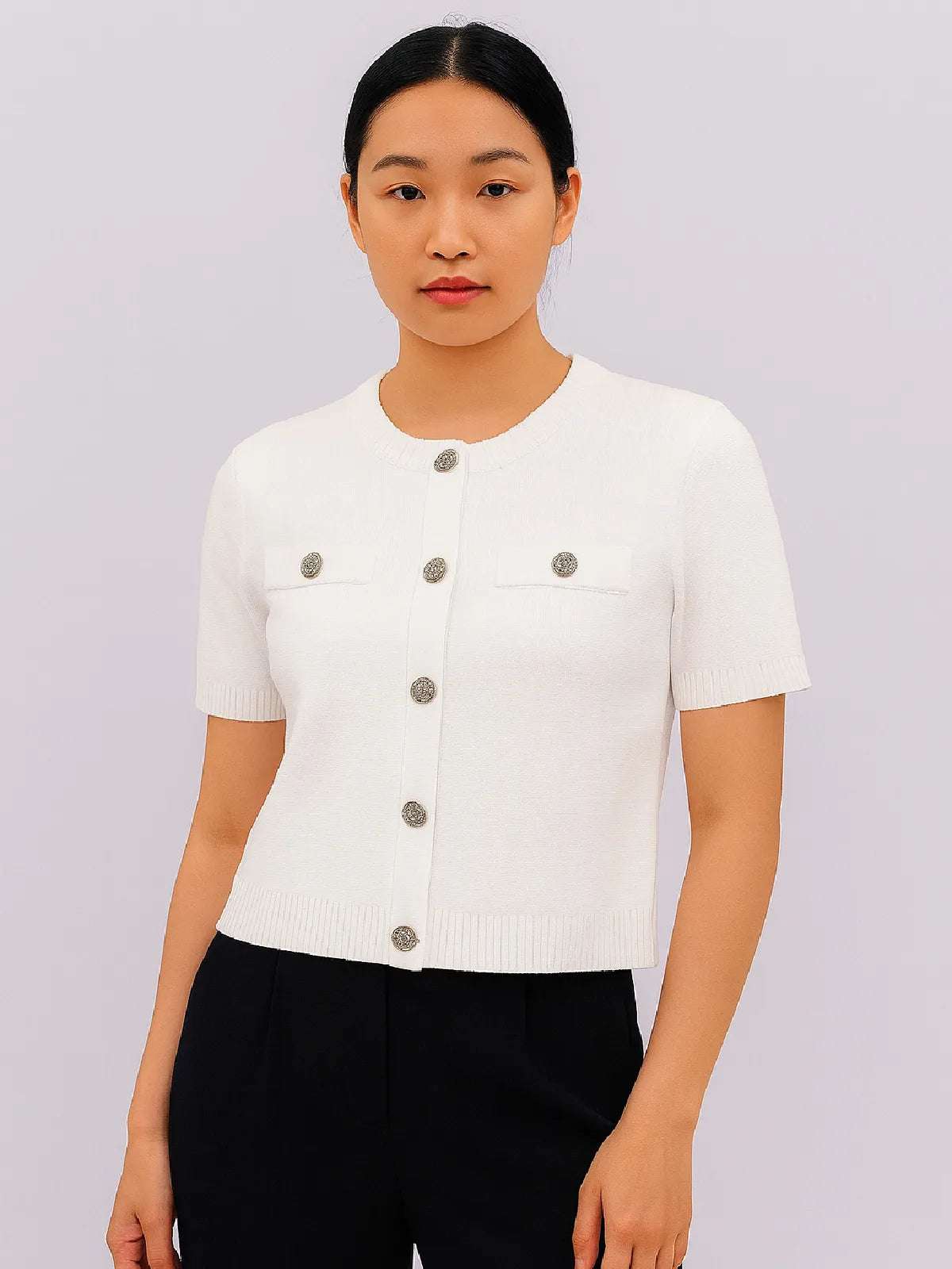 Ladies Short Sleeve Button Cardigan