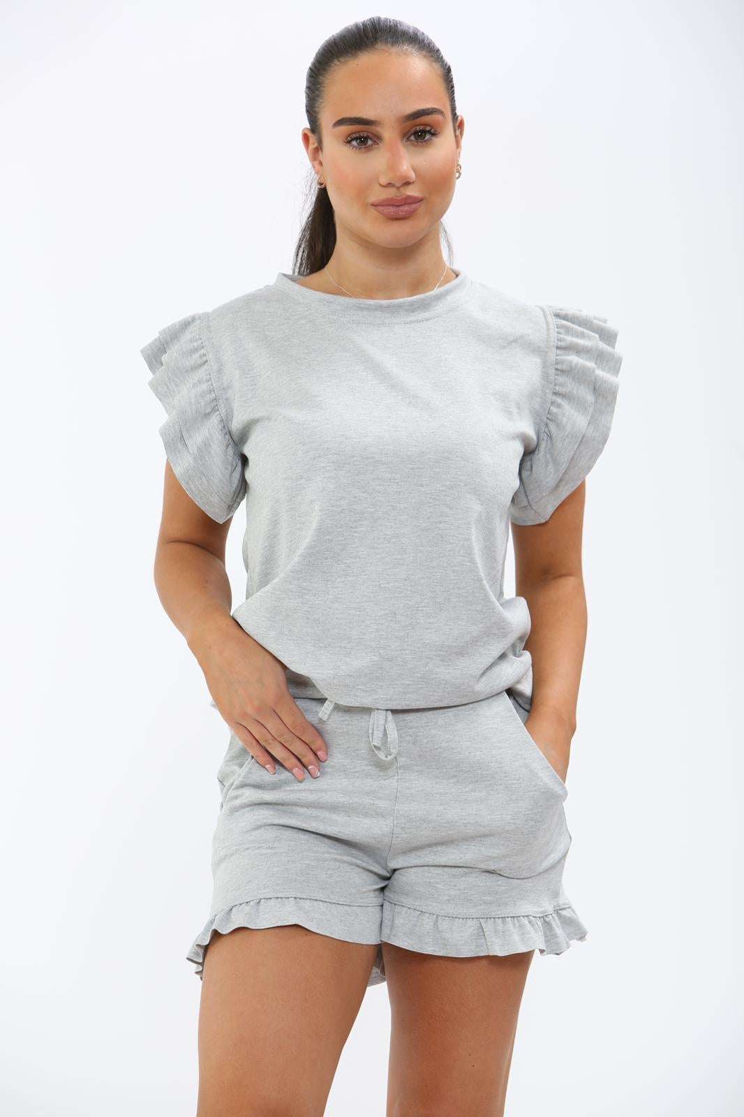 Ladies Frill Peplum Sleeve Top & Short 2-Piece Tracksuit Set