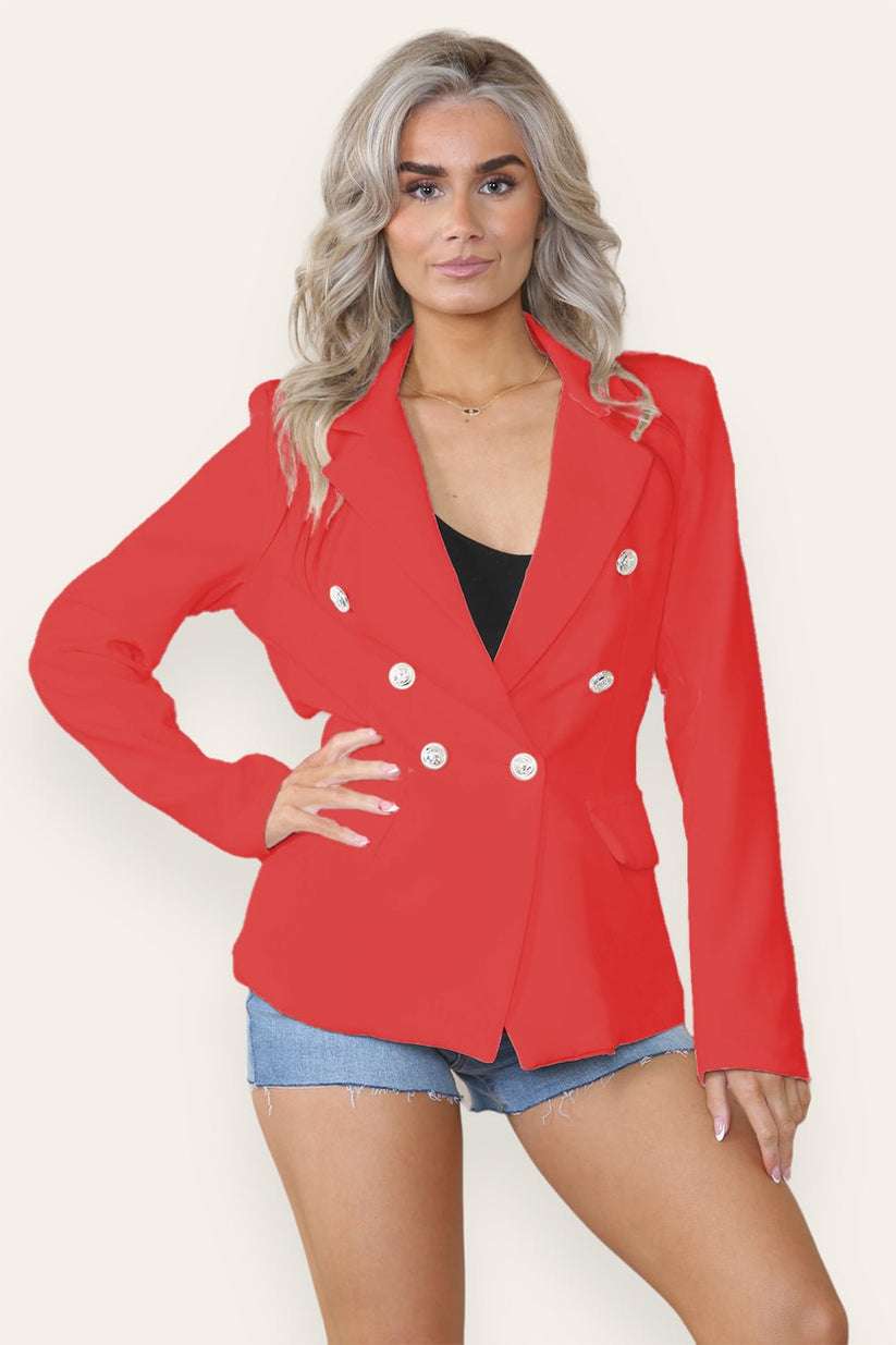 Ladies Fitted Lined Blazer Jacket - Double Gold Button Collared