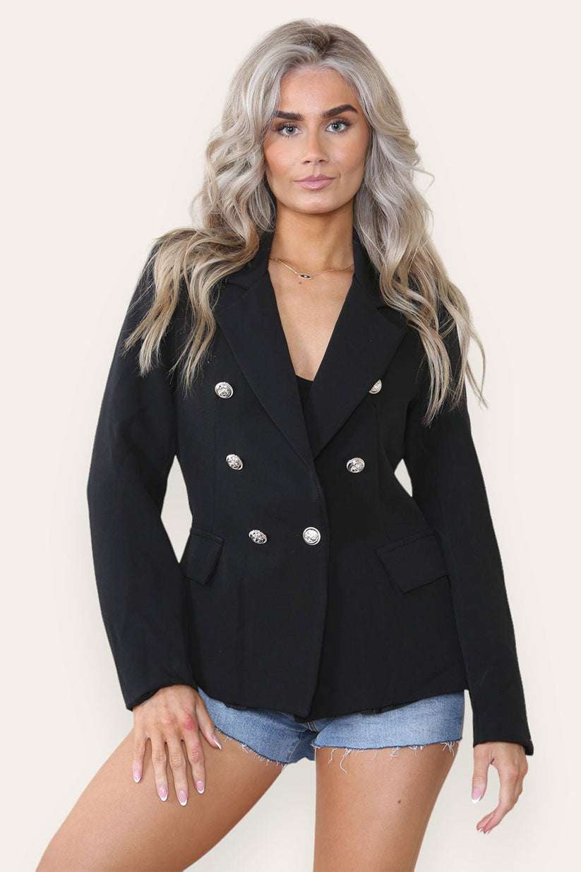 Ladies Fitted Lined Blazer Jacket - Double Gold Button Collared