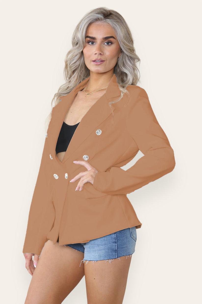 Ladies Fitted Lined Blazer Jacket - Double Gold Button Collared