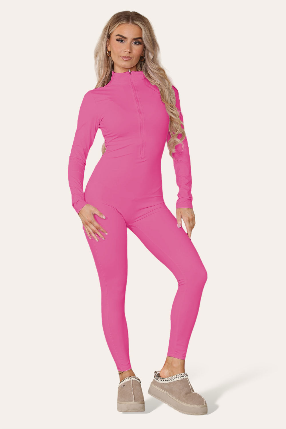 Ladies Ribbed High Neck Jumpsuit - Zipper Collar Unitard Set