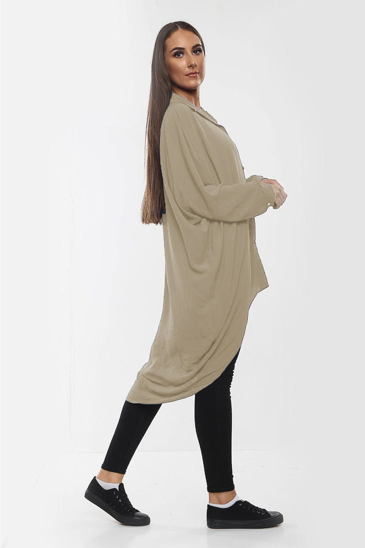 Ladies Oversized High-Low Shirt Dress - Long Sleeve Button Front
