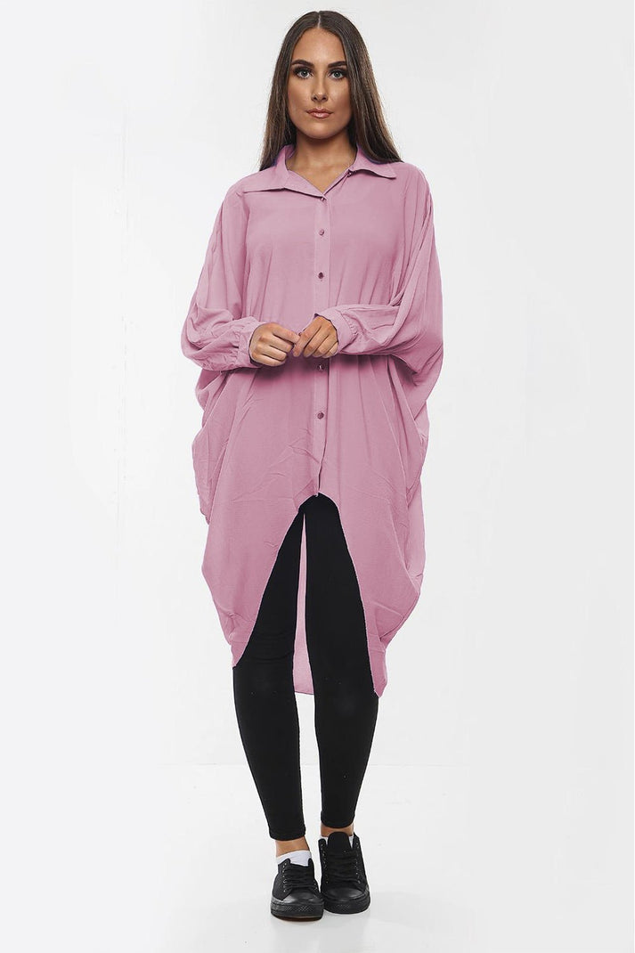 Ladies Oversized High-Low Shirt Dress - Long Sleeve Button Front