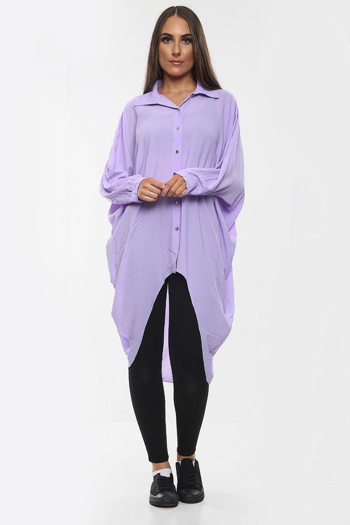 Ladies Oversized High-Low Shirt Dress - Long Sleeve Button Front