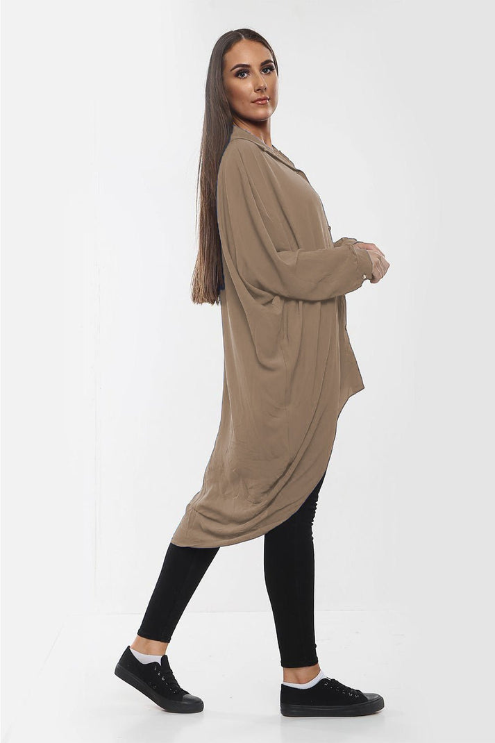 Ladies Oversized High-Low Shirt Dress - Long Sleeve Button Front