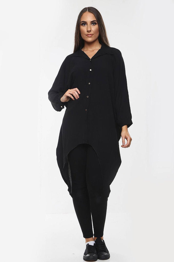 Ladies Oversized High-Low Shirt Dress - Long Sleeve Button Front